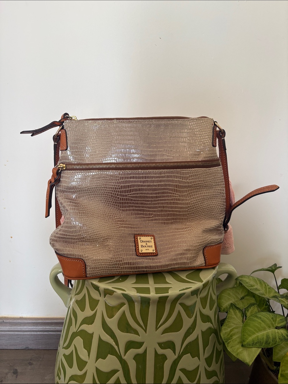 Dooney & Bourke Beige Croc-Embossed Crossbody with Brown Trim